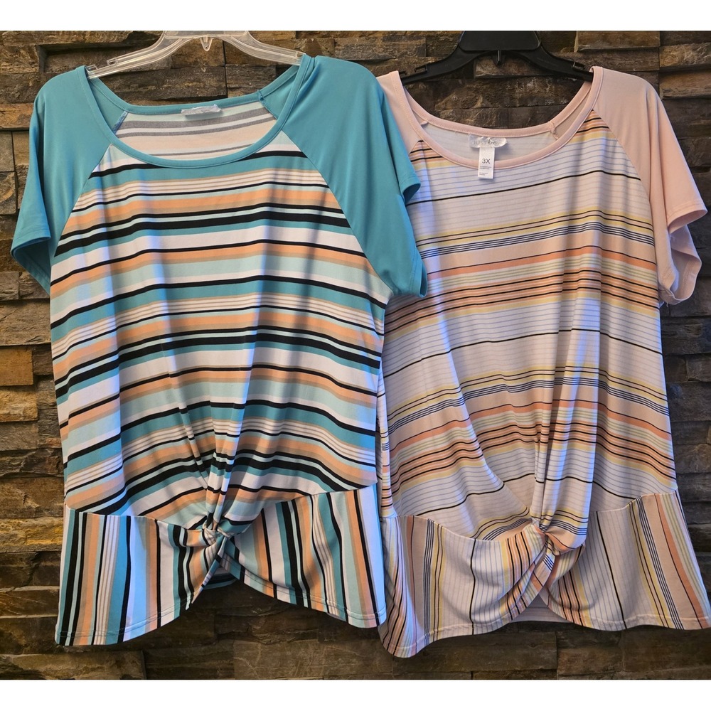 Just Be.Women's 3X Striped Short Sleeve Twist Front Knot Tops Set of 2 Teal Pink